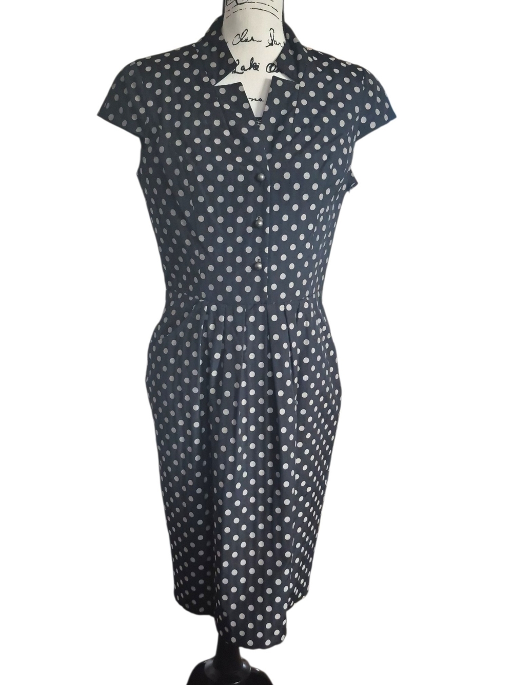 Polka Dot Shirt Dress 8 Black Cotton Retro Midi Pleated OfficeCore Mod Classic